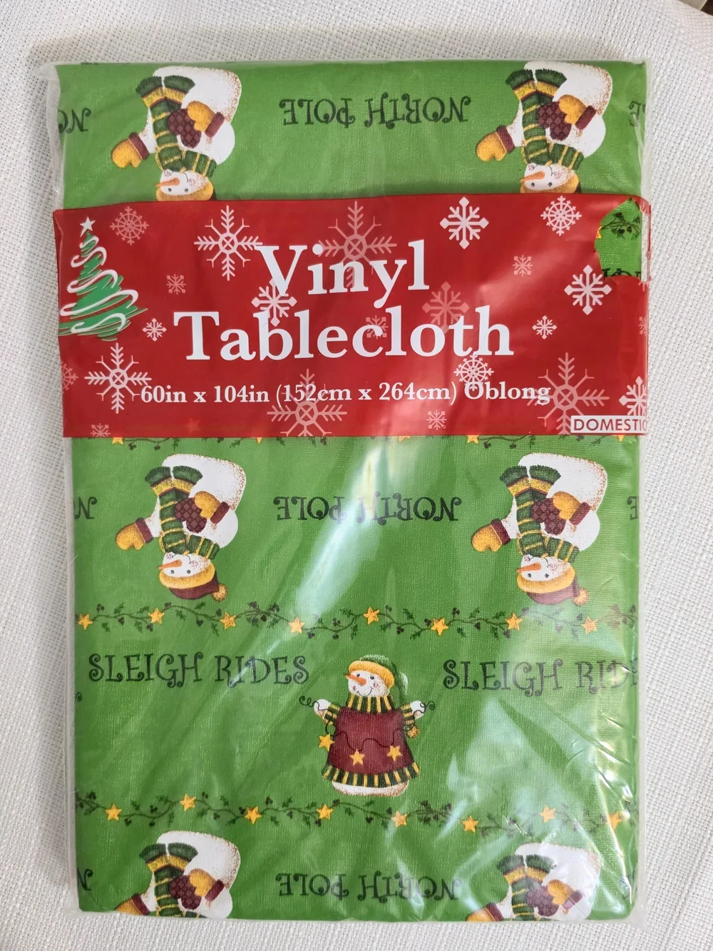Christmas Vinyl Tablecloth 69x104 Rectangle Snowman Green Holiday Waterproof